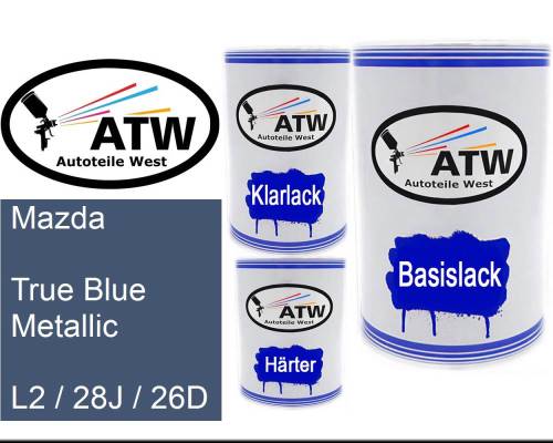 Mazda, True Blue Metallic, L2 / 28J / 26D: 500ml Lackdose + 500ml Klarlack + 250ml Härter - Set, von ATW Autoteile West.